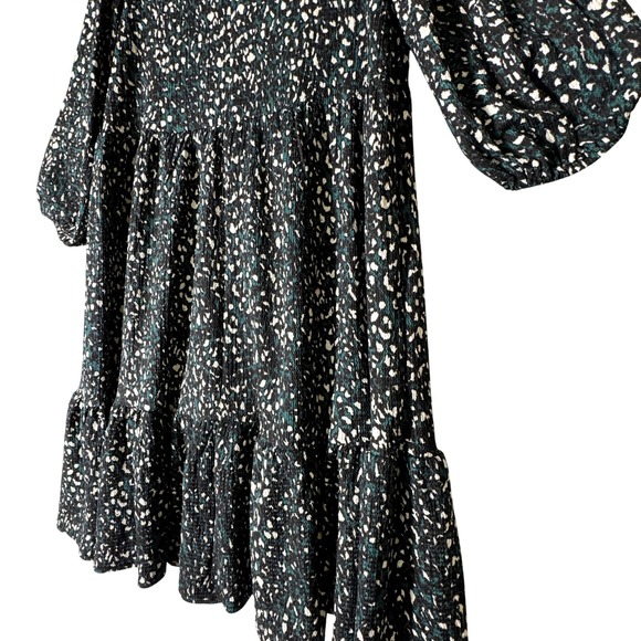 Black Teal White Animal Print Tiered Midi Dress Women's Size 1X Ballon Sleeve - Picture 4 of 13
